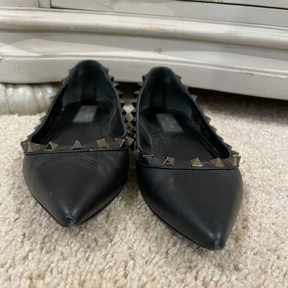 Valentino Noir Matte Black Gunmetal Rockstud Pointed Toe Flats Sz 37.5 - Picture 6 of 11